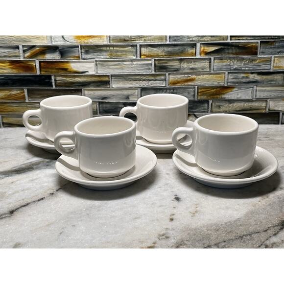 4 Vintage Restaurant Ware Buffalo China Coffee Demitasse Espresso Mugs Saucers - Picture 1 of 5